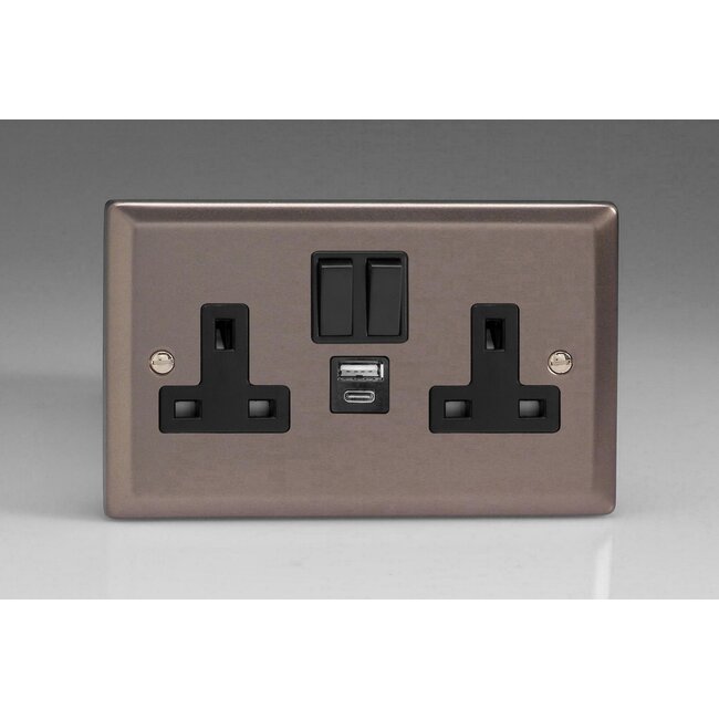 Varilight Classic 2-Gang 13A Single Pole Switched Socket with 1x USB A & 1x USB C Charging Ports Black Pewter Black Insert