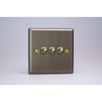 Varilight Urban 3-Gang 10A 1- or 2-Way Toggle Switch Brass Antique Brass Brass