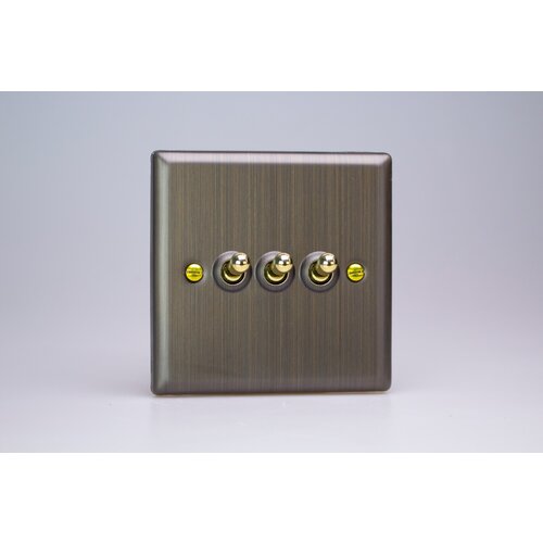 Varilight Urban 3-Gang 10A 1- or 2-Way Toggle Switch Brass Antique Brass Brass Varilight Urban 3-Gang 10A 1- or 2-Way Toggle Switch Brass Antique Brass Brass