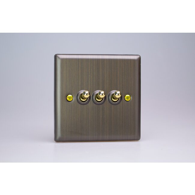 Varilight Urban 3-Gang 10A 1- or 2-Way Toggle Switch Brass Antique Brass Brass