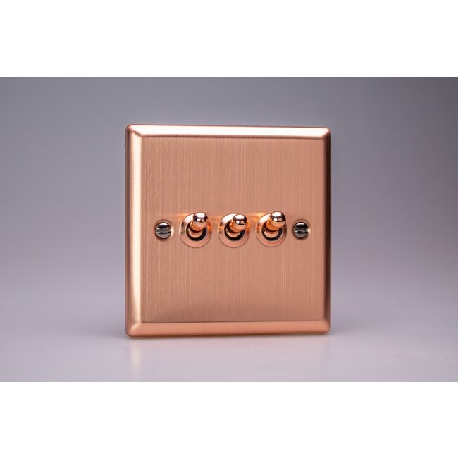 Varilight Urban 3-Gang 10A 1- or 2-Way Toggle Switch Decorative Brushed Copper Copper Toggles
