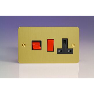 Varilight Ultraflat 45A Cooker Panel with 13A Double Pole Switched Socket Outlet (Red Rocker) Black Brushed Brass Black/Red Inserts