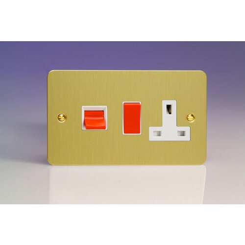 Varilight Ultraflat 45A Cooker Panel with 13A Double Pole Switched Socket Outlet (Red Rocker) White Brushed Brass White/Red Inserts Varilight Ultraflat 45A Cooker Panel with 13A Double Pole Switched Socket Outlet (Red Rocker) White Brushed Brass White/Red Inserts