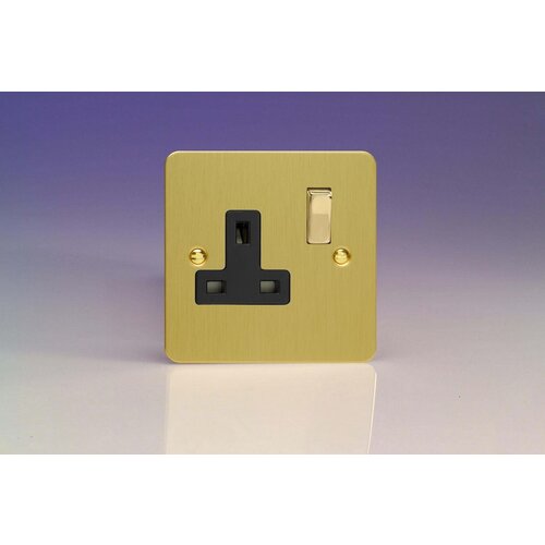 Varilight Ultraflat 1-Gang 13A Double Pole Switched Socket with Metal Rockers Black Brushed Brass Brass/Black Inserts Varilight Ultraflat 1-Gang 13A Double Pole Switched Socket with Metal Rockers Black Brushed Brass Brass/Black Inserts