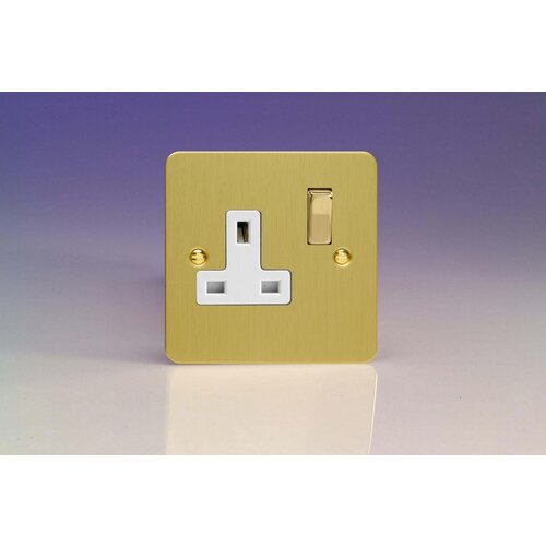 Varilight Ultraflat 1-Gang 13A Double Pole Switched Socket with Metal Rockers White Brushed Brass Brass/White Inserts Varilight Ultraflat 1-Gang 13A Double Pole Switched Socket with Metal Rockers White Brushed Brass Brass/White Inserts