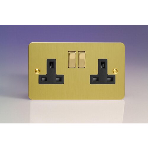 Varilight Ultraflat 2-Gang 13A Double Pole Switched Socket with Metal Rockers Black Brushed Brass Brass/Black Inserts Varilight Ultraflat 2-Gang 13A Double Pole Switched Socket with Metal Rockers Black Brushed Brass Brass/Black Inserts