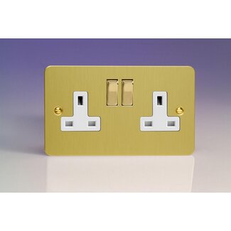 Varilight Ultraflat 2-Gang 13A Double Pole Switched Socket with Metal Rockers White Brushed Brass Brass/White Inserts