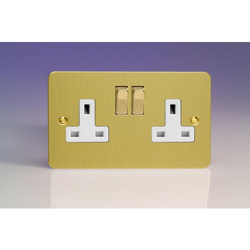Varilight Ultraflat 2-Gang 13A Double Pole Switched Socket with Metal Rockers White Brushed Brass Brass/White Inserts Varilight Ultraflat 2-Gang 13A Double Pole Switched Socket with Metal Rockers White Brushed Brass Brass/White Inserts