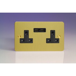 Varilight Ultraflat 2-Gang 13A Unswitched Socket + 2x5V DC 2100mA USB Charging Ports Black Brushed Brass Black Inserts