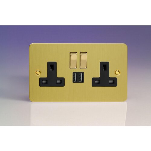 Varilight Ultraflat 2-Gang 13A Single Pole Switched Socket with Metal Rockers + 2x5V DC 2100mA USB Charging Ports Black Brushed Brass Brass/Black Inserts Varilight Ultraflat 2-Gang 13A Single Pole Switched Socket with Metal Rockers + 2x5V DC 2100mA USB Charging Ports Black Brushed Brass Brass/Black Inserts