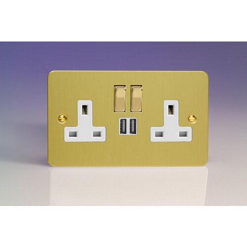 Varilight Ultraflat 2-Gang 13A Single Pole Switched Socket with Metal Rockers + 2x5V DC 2100mA USB Charging Ports White Brushed Brass Brass/White Inserts Varilight Ultraflat 2-Gang 13A Single Pole Switched Socket with Metal Rockers + 2x5V DC 2100mA USB Charging Ports White Brushed Brass Brass/White Inserts