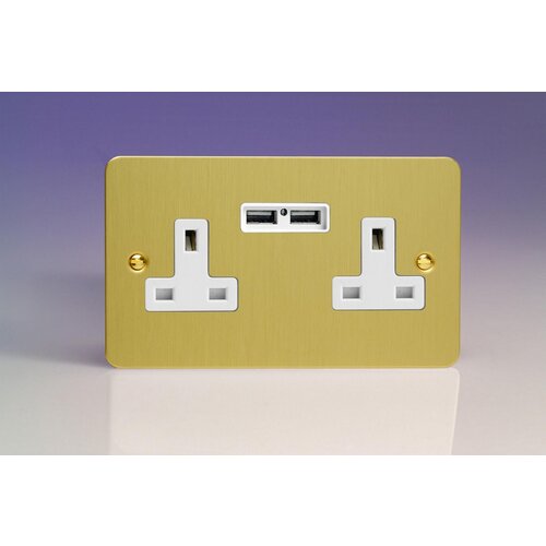 Varilight Ultraflat 2-Gang 13A Unswitched Socket + 2x5V DC 2100mA USB Charging Ports Black Brushed Brass White Inserts Varilight Ultraflat 2-Gang 13A Unswitched Socket + 2x5V DC 2100mA USB Charging Ports Black Brushed Brass White Inserts
