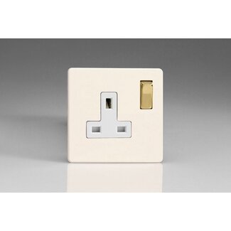 Varilight Screwless 1-Gang 13A Double Pole Switched Socket with Metal Rockers White Primed Brass/White Inserts