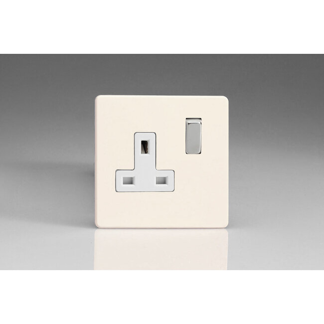 Varilight Screwless 1-Gang 13A Double Pole Switched Socket with Metal Rockers White Primed Chrome/White Inserts