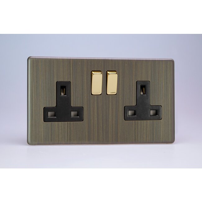 Varilight Urban Screwless 2-Gang 13A Double Pole Switched Socket with Metal Rockers Black/Brass Antique Brass Black/Brass