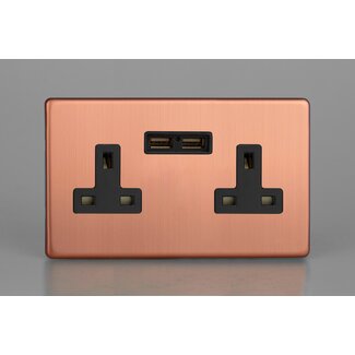 Varilight Urban Screwless 2-Gang 13A Unswitched Socket + 2x5V DC 2100mA USB Charging Ports Black Brushed Copper Black Inserts