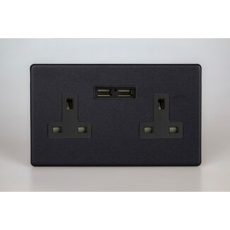 Varilight Urban Screwless 2-Gang 13A Unswitched Socket + 2x5V DC 2100mA USB Charging Ports Black Matt Black Black Inserts