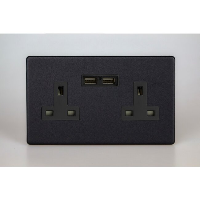 Varilight Urban Screwless 2-Gang 13A Unswitched Socket + 2x5V DC 2100mA USB Charging Ports Black Matt Black Black Inserts