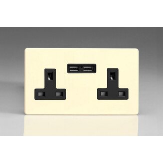 Varilight Screwless 2-Gang 13A Unswitched Socket with 5V DC 2100mA USB Charging Ports  Black Primed Black Inserts