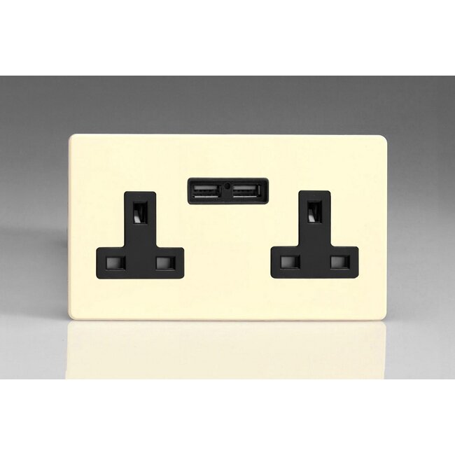 Varilight Screwless 2-Gang 13A Unswitched Socket with 5V DC 2100mA USB Charging Ports  Black Primed Black Inserts