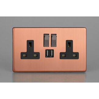 Varilight Urban Screwless 2-Gang 13A Single Pole Switched Socket with Metal Rockers + 2x5V DC 2100mA USB Charging Ports  Black Brushed Copper Iridium/Black Inserts