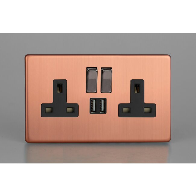 Varilight Urban Screwless 2-Gang 13A Single Pole Switched Socket with Metal Rockers + 2x5V DC 2100mA USB Charging Ports  Black Brushed Copper Iridium/Black Inserts