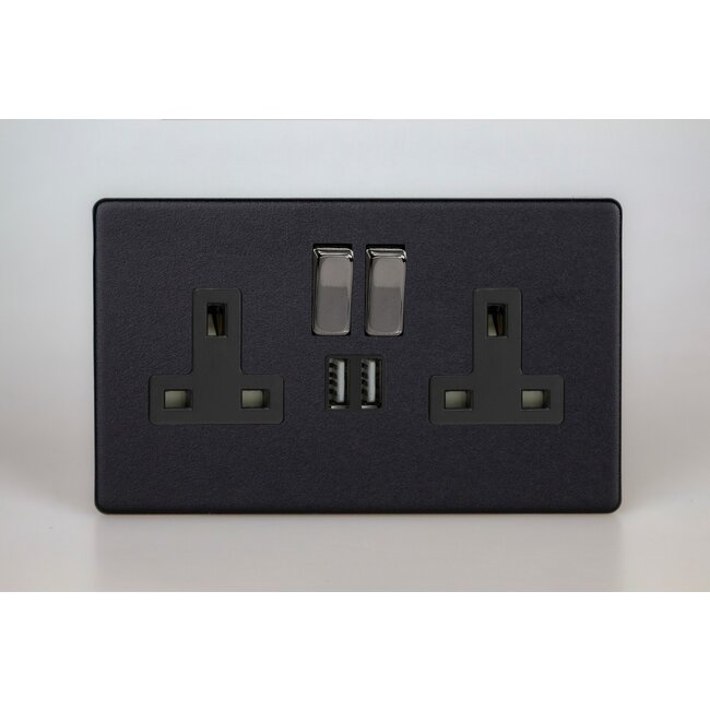 Varilight Urban Screwless 2-Gang 13A Single Pole Switched Socket with Metal Rockers + 2x5V DC 2100mA USB Charging Ports  Black Matt Black Iridium/Black Inserts