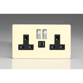 Varilight Screwless 2-Gang 13A Single Pole Switched Socket with Metal Rockers + 2 5V DC 2100mA USB Charging Ports  Black Primed Chrome/Black Inserts