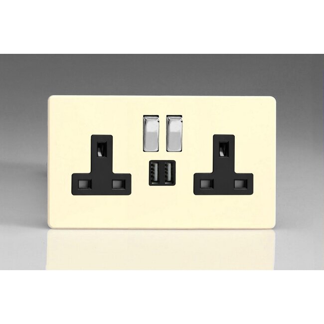 Varilight Screwless 2-Gang 13A Single Pole Switched Socket with Metal Rockers + 2 5V DC 2100mA USB Charging Ports  Black Primed Chrome/Black Inserts