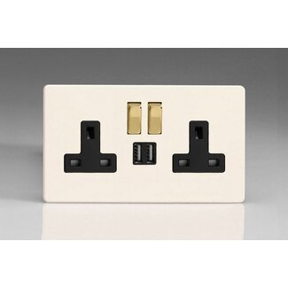 Varilight Screwless 2-Gang 13A Single Pole Switched Socket with Metal Rockers + 2 5V DC 2100mA USB Charging Ports  Black Primed Brass/Black Inserts