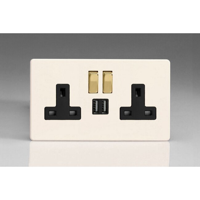 Varilight Screwless 2-Gang 13A Single Pole Switched Socket with Metal Rockers + 2 5V DC 2100mA USB Charging Ports  Black Primed Brass/Black Inserts