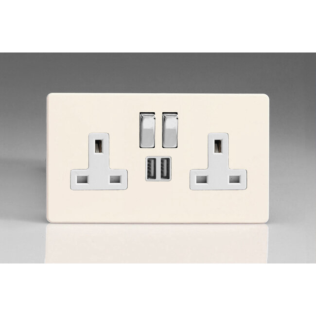 Varilight Screwless 2-Gang 13A Single Pole Switched Socket with Metal Rockers + 2 5V DC 2100mA USB Charging Ports  White Primed Chrome/White Inserts
