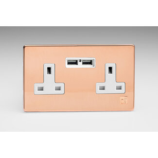 Varilight Screwless 2-Gang 13A Unswitched Socket + 2x5V DC 2100mA USB Charging Ports  White Cu29 Raw Copper Copper/White Inserts