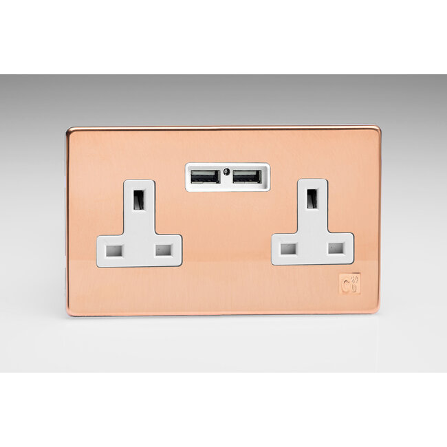 Varilight Screwless 2-Gang 13A Unswitched Socket + 2x5V DC 2100mA USB Charging Ports  White Cu29 Raw Copper Copper/White Inserts
