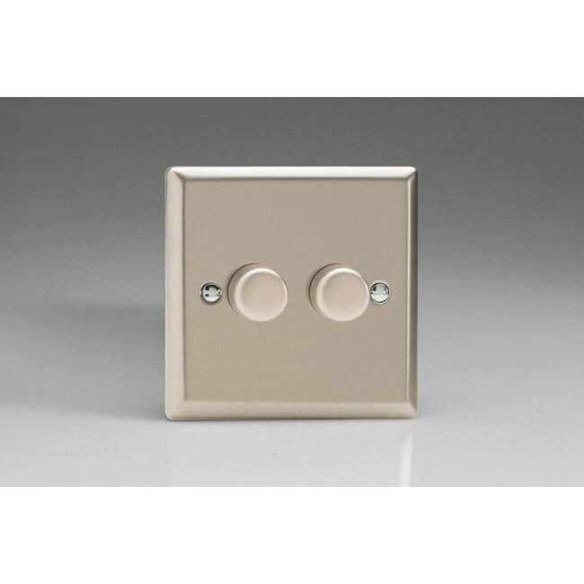 Varilight Classic 2-Gang 2-Way Push-On/Off Rotary LED Dimmer 2 x 0-120W (1-10 LEDs) V-Pro Satin Satin Chrome Knobs