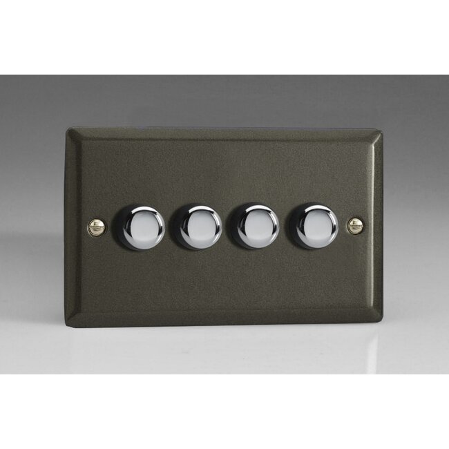 Varilight Classic 4-Gang 2-Way Push-On/Off Rotary LED Dimmer 4 x 0-120W (1-10 LEDs) (Twin Plate) V-Pro Graphite 21 Chrome Knobs