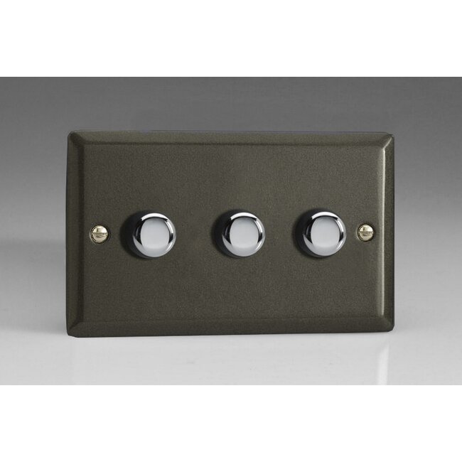 Varilight Classic 3-Gang 2-Way Push-On/Off Rotary LED Dimmer 3 x 0-120W (1-10 LEDs) (Twin Plate) V-Pro Graphite 21 Chrome Knobs