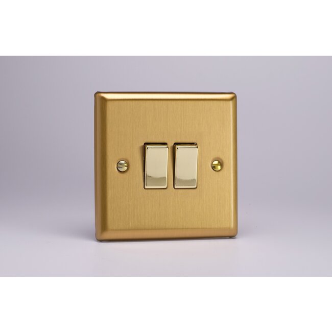 Varilight Classic 2-Gang 10A Intermediate Rocker Switch with Metal Rockers Decorative Brushed Brass Brass Rockers
