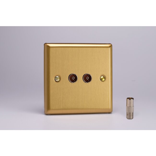 Varilight Classic 2-Gang TV Socket, Co-axial + F-Type Satellite  Brushed Brass Plain Insert