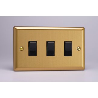 Varilight Classic 3-Gang 10A 1- or 2-Way Rocker Switch (Twin Plate) Black Brushed Brass Black Rockers