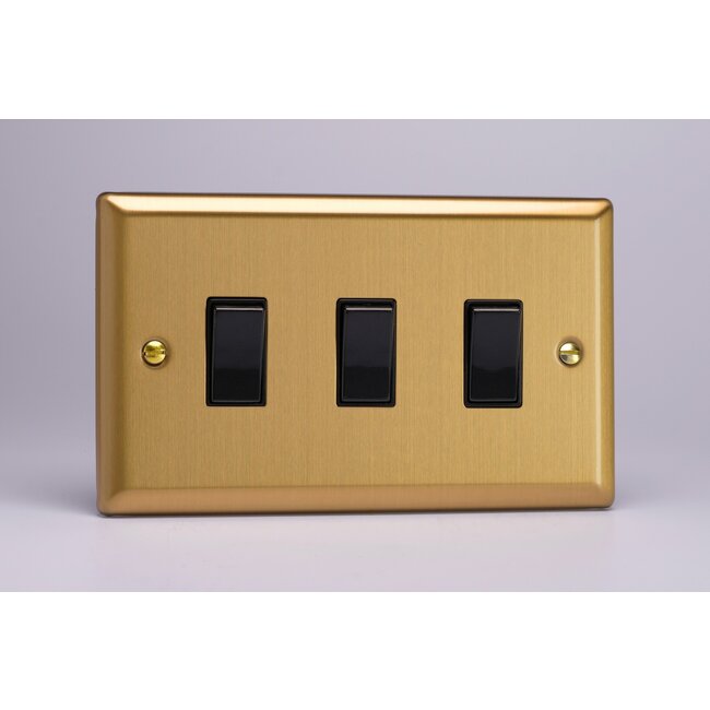Varilight Classic 3-Gang 10A 1- or 2-Way Rocker Switch (Twin Plate) Black Brushed Brass Black Rockers