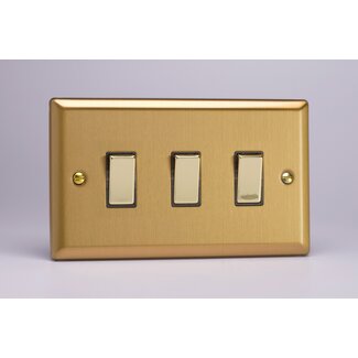 Varilight Classic 3-Gang 10A 1- or 2-Way Rocker Switch (Twin Plate) with Metal Rockers Decorative Brushed Brass Brass Rockers
