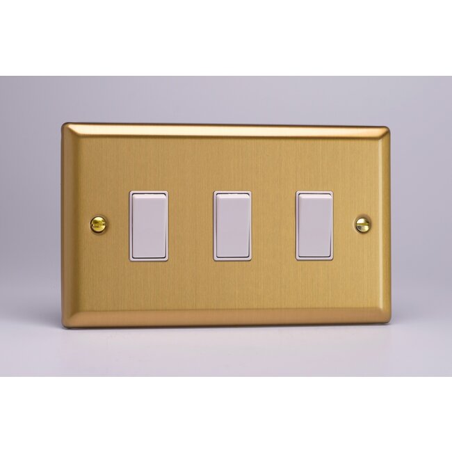 Varilight Classic 3-Gang 10A 1- or 2-Way Rocker Switch (Twin Plate) White Brushed Brass White Rockers
