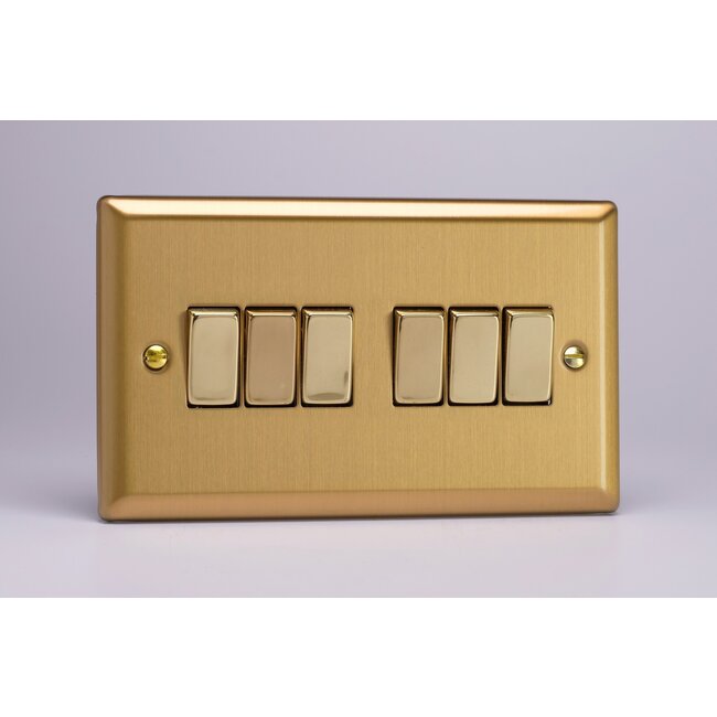 Varilight Classic 6-Gang 10A 1- or 2-Way Rocker Switch (Twin Plate) with Metal Rockers Decorative Brushed Brass Brass Rockers
