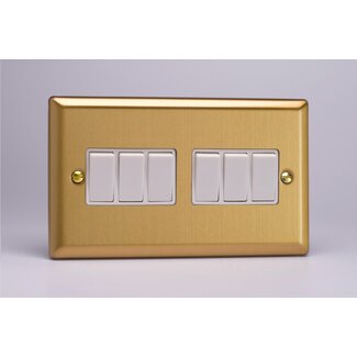 Varilight Classic 6-Gang 10A 1- or 2-Way Rocker Switch (Twin Plate) White Brushed Brass White Rockers