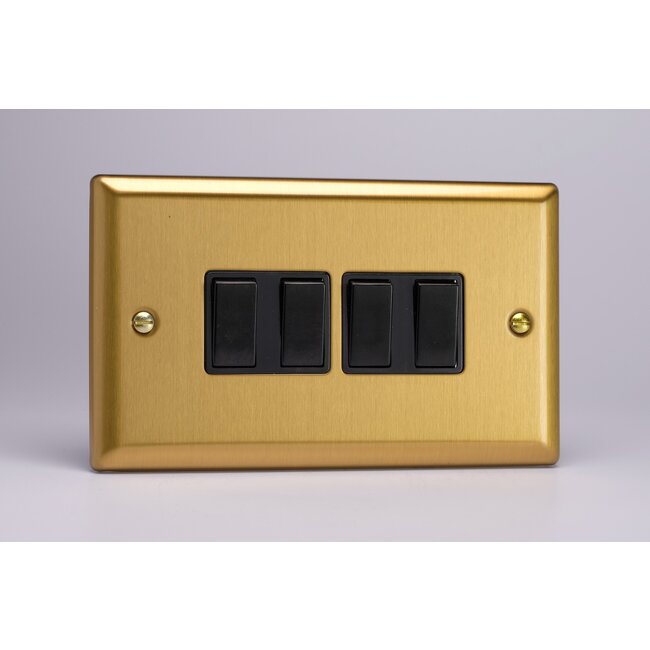 Varilight Classic 4-Gang 10A 1- or 2-Way Rocker Switch (Twin Plate) Black Brushed Brass Black Rockers