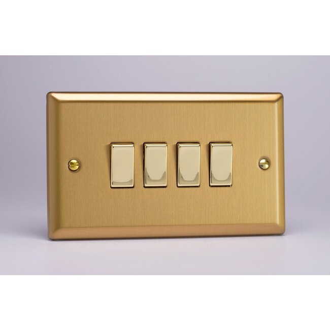 Varilight Classic 4-Gang 10A 1- or 2-Way Rocker Switch (Twin Plate) with Metal Rockers Decorative Brushed Brass Brass Rockers