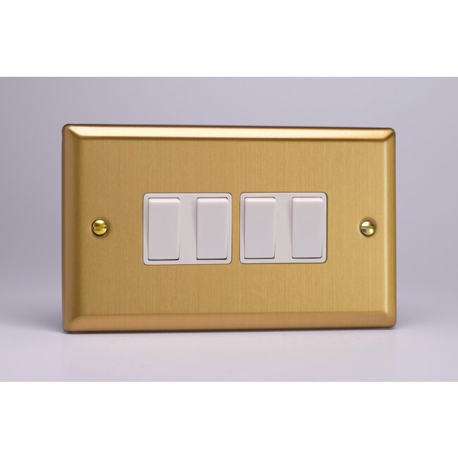Varilight Classic 4-Gang 10A 1- or 2-Way Rocker Switch (Twin Plate) White Brushed Brass White Rockers