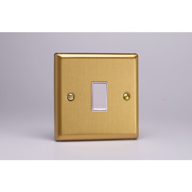 Varilight Classic 1-Gang 10A Retractive Switch White Brushed Brass White Rocker