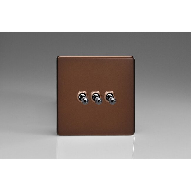 Varilight Screwless 3-Gang 10A 1- or 2-Way Toggle Switch Decorative Mocha Iridium Toggles